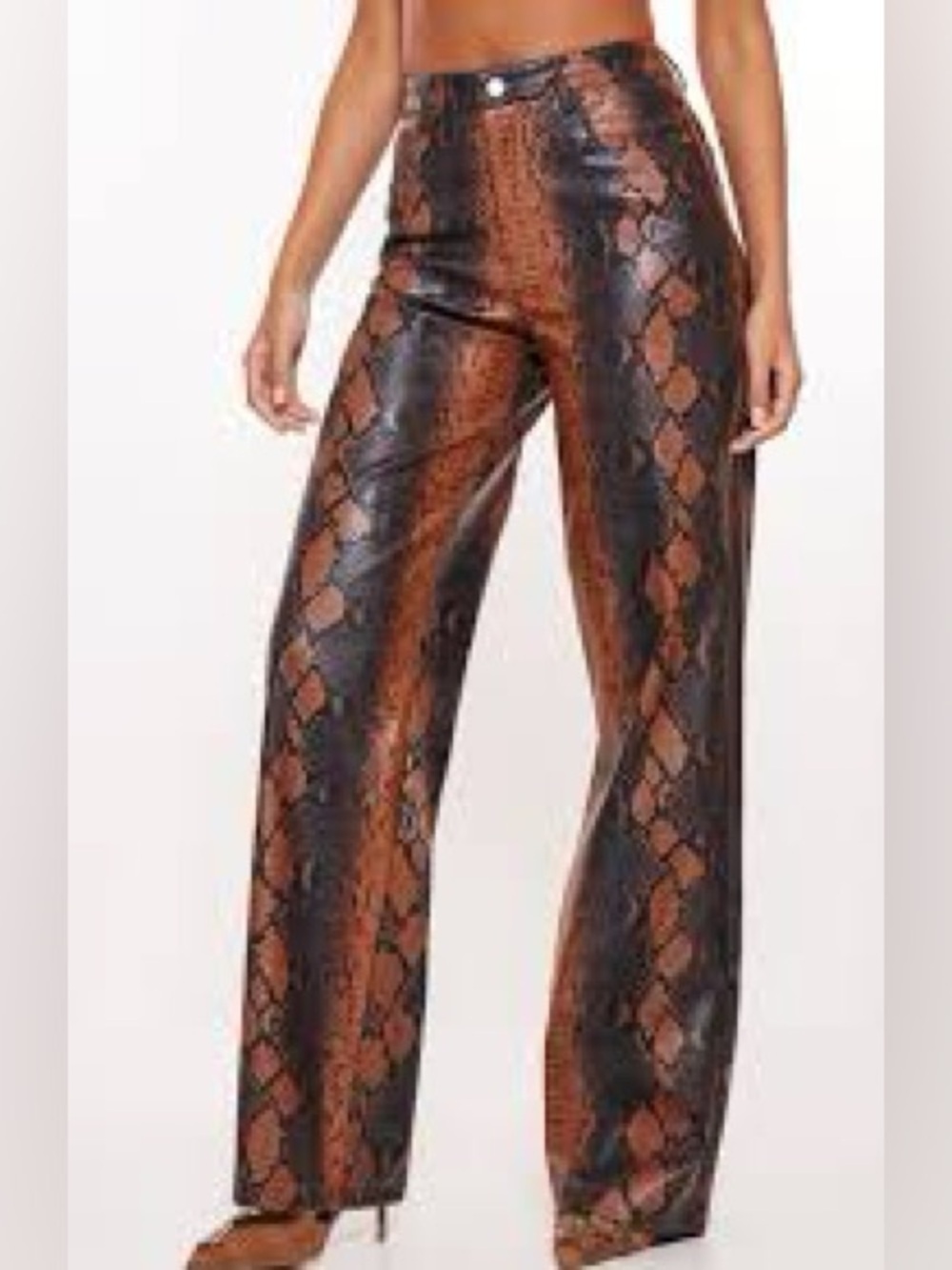 PrettyLittleThing Brown Snake Print Faux Leather Wide- Leg Trousers- NWT